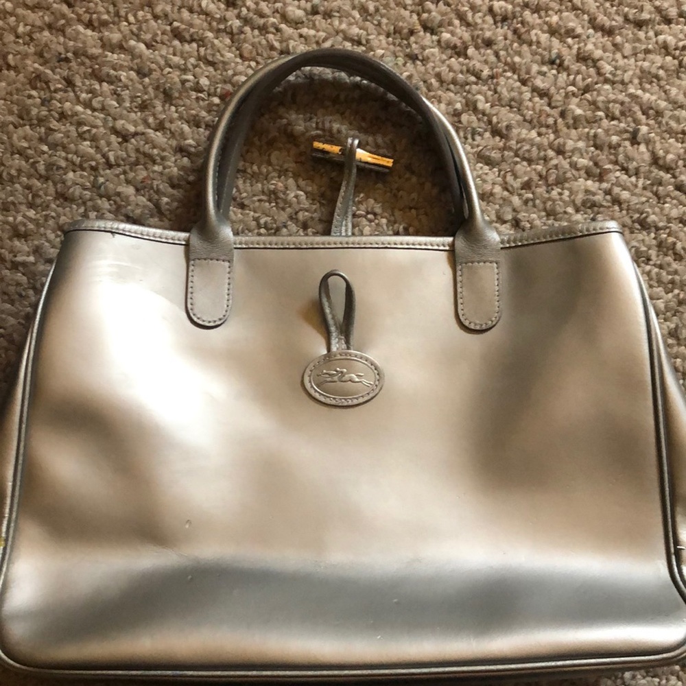 Longchamp Roseau Silver Leather Tote- GUC